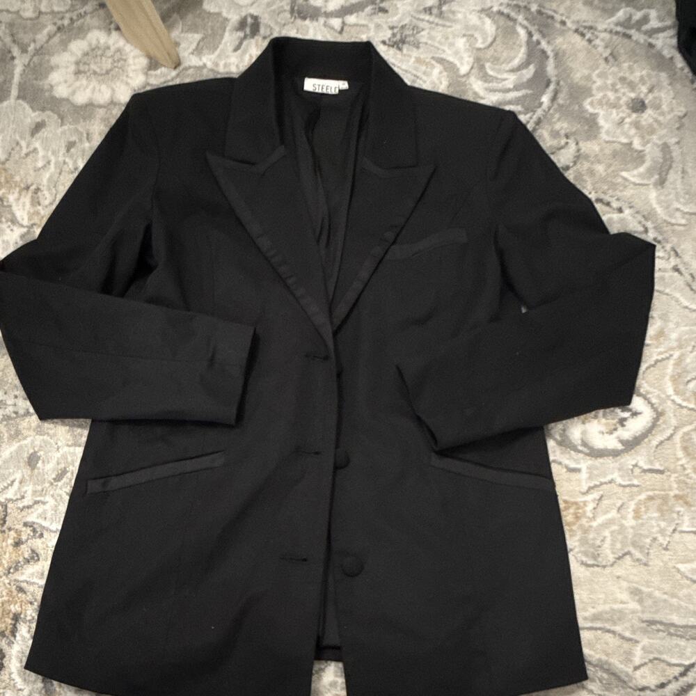 STEELE Black Blazer Womens XS Longline Stretch Tailored Jacket Classic Career - Picture 2 of 6